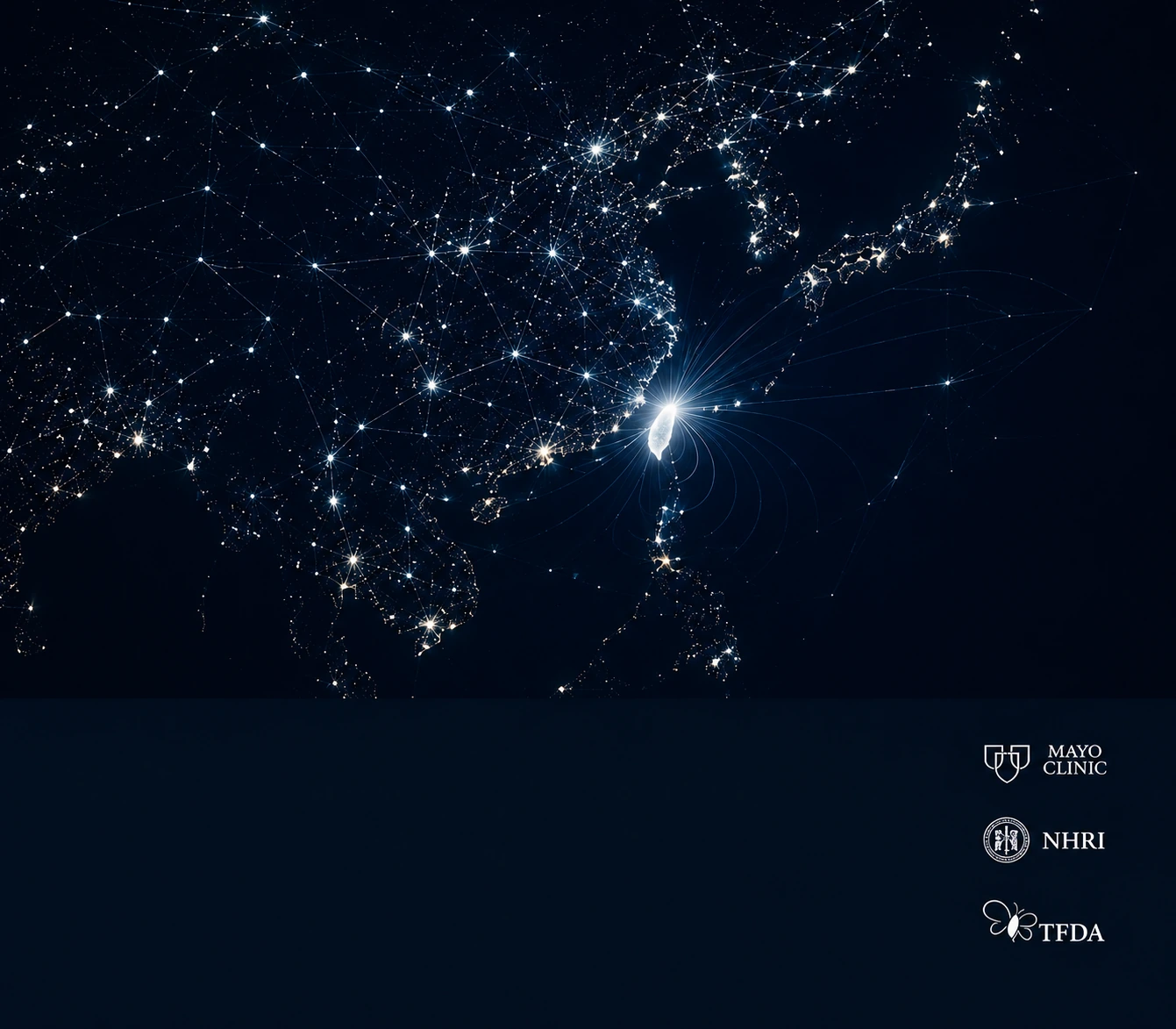 Night-lights map of East and Southeast Asia with Taiwan illuminated and routes radiating outward