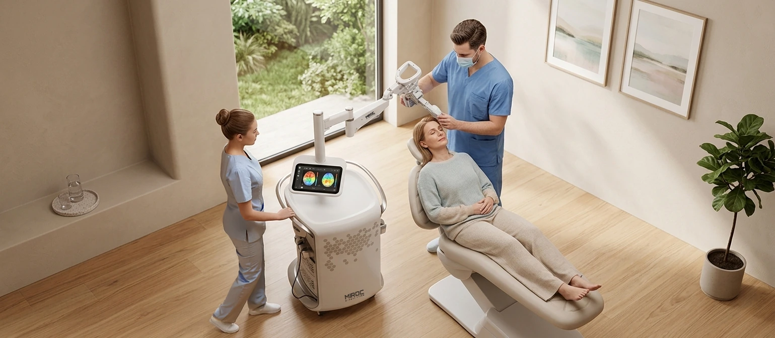 Two clinicians positioning the coil arm for a seated patient in a bright treatment room