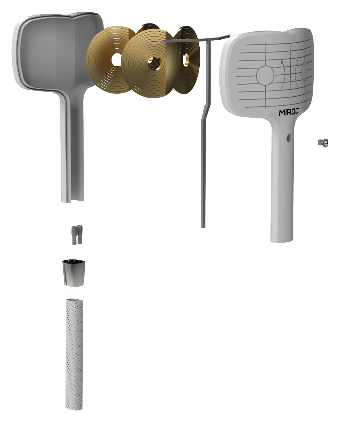 Exploded view of the coil head: housing, three stacked copper windings of the Twinverse D array, the printed front cover, handle and connector