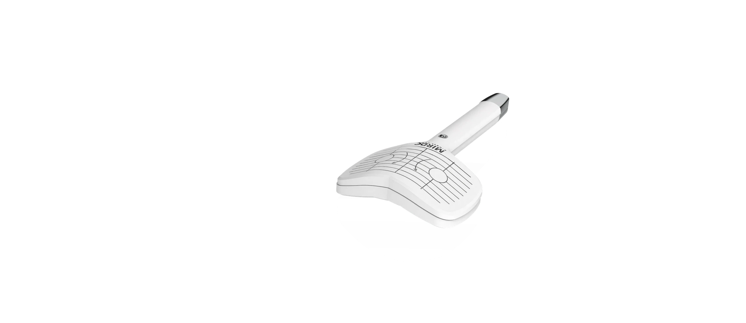 The e-navi rTMS coil head, a rounded white housing with a printed field-direction graphic