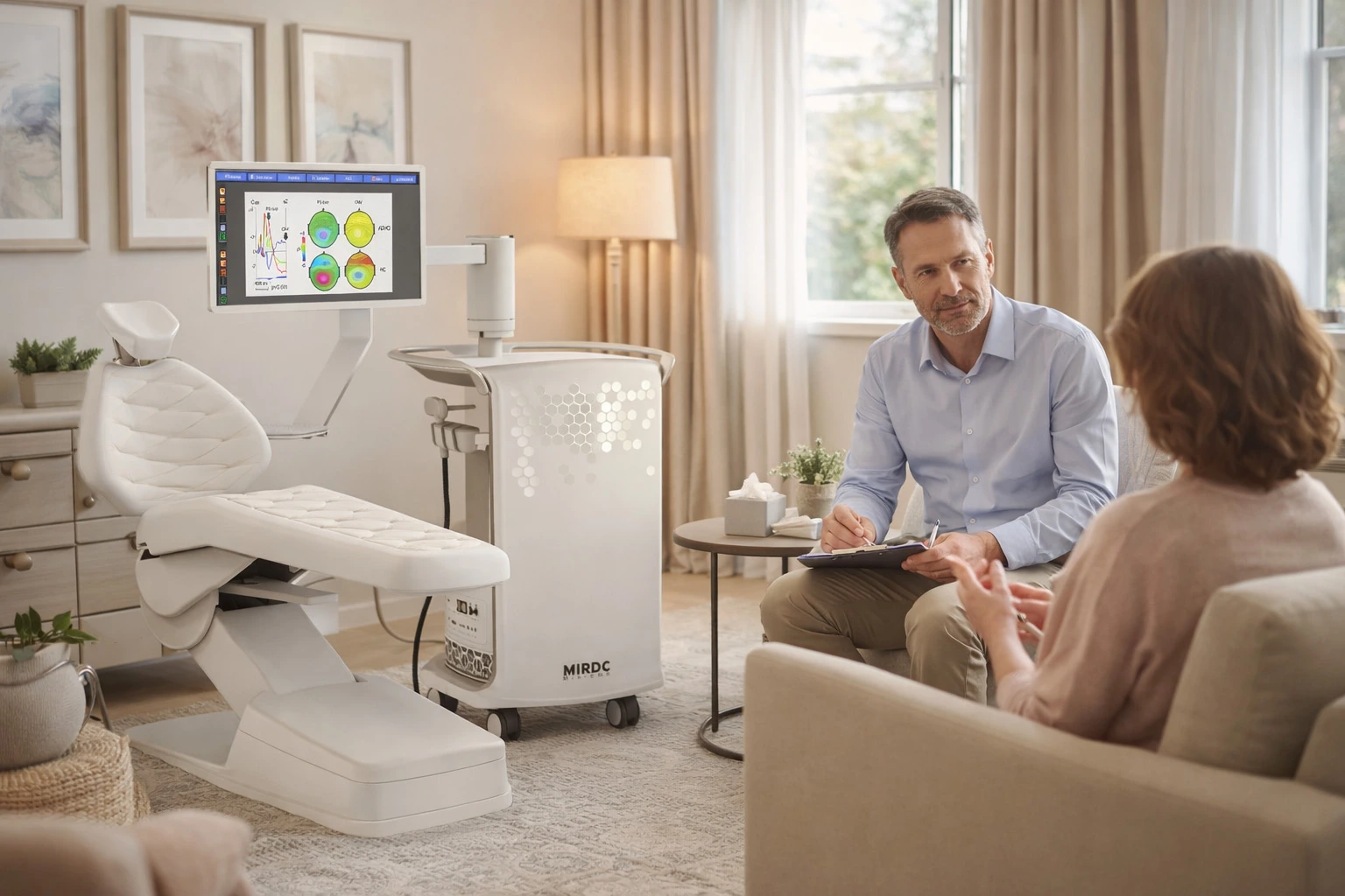 A clinician reviewing session results with a patient beside the e-navi rTMS unit