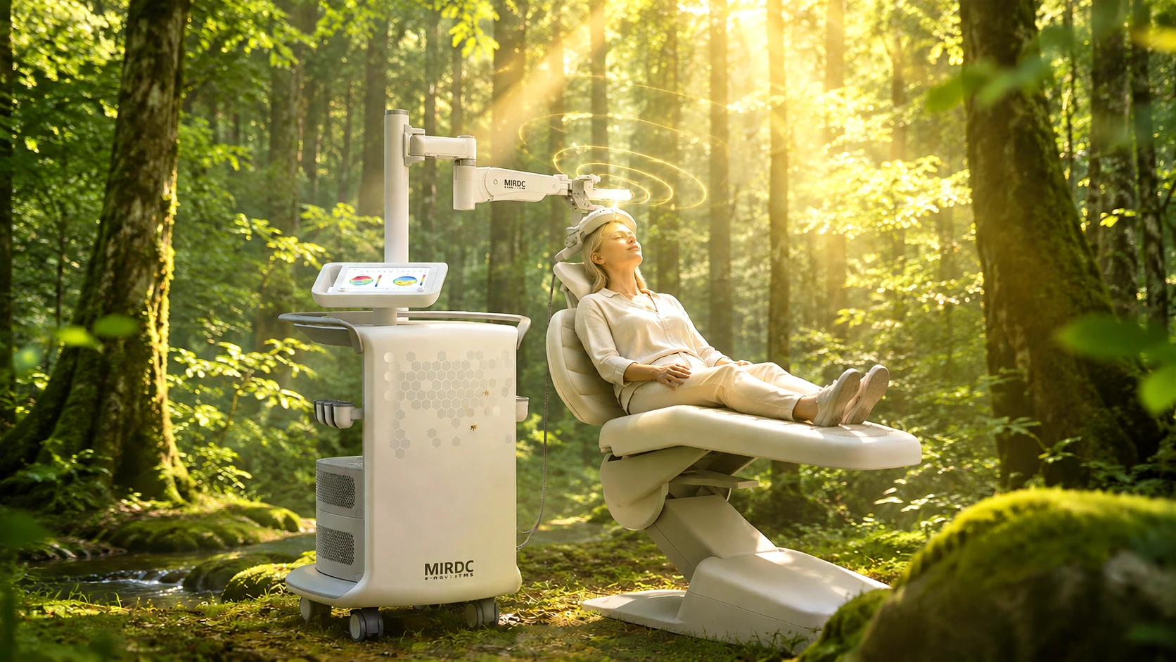 A patient reclining under the e-navi rTMS coil arm in a sunlit forest