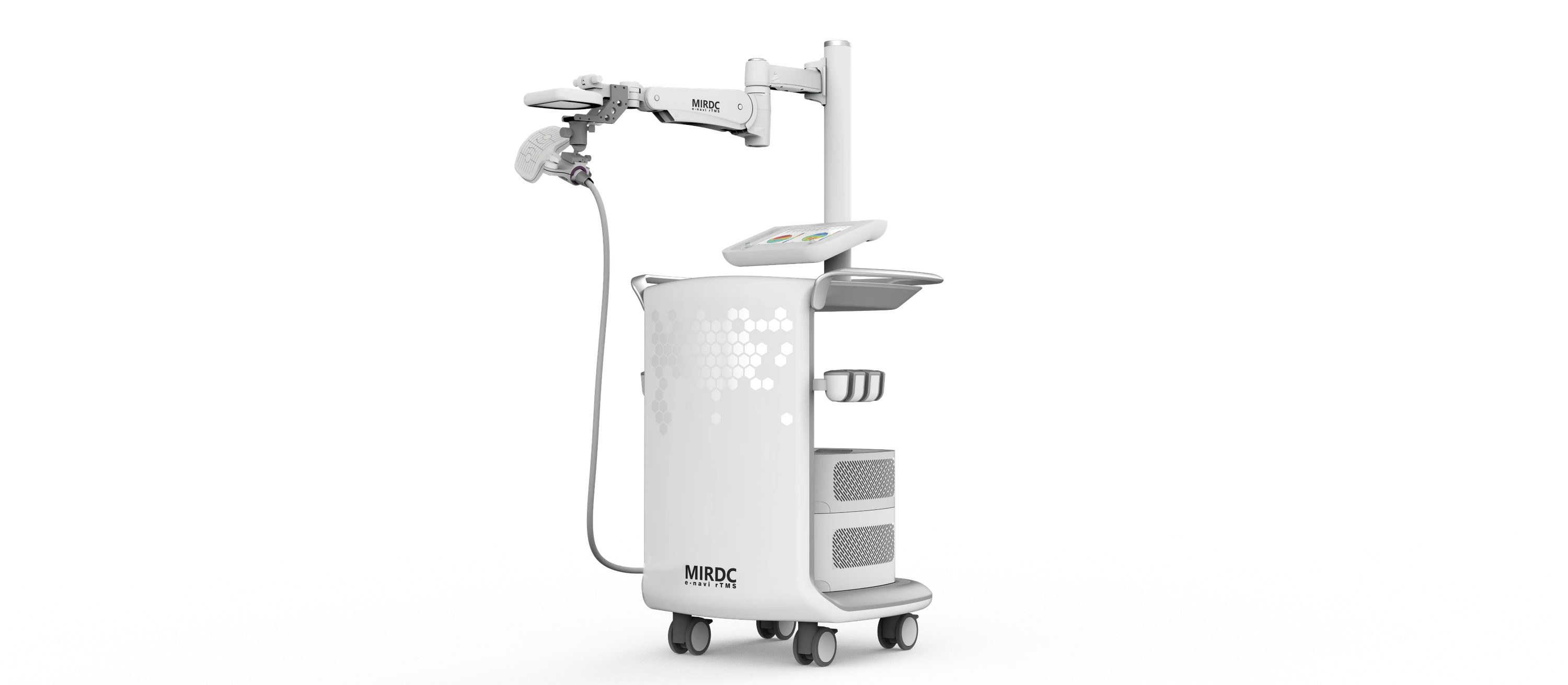 e-navi rTMS mobile unit: a single white cylindrical volume on castors with a cantilever coil arm and dual displays